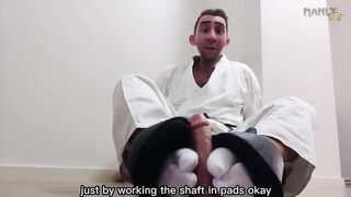 White socks soaked in sweat gagging footjob while karate tramples cock
