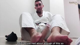 White socks soaked in sweat gagging footjob while karate tramples cock