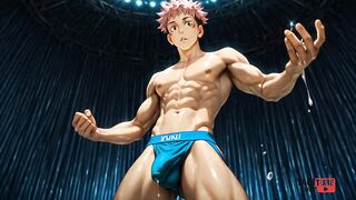 Yuuji Itadori gagged destroyed by hungry twinks in raw jjk anime orgasm
