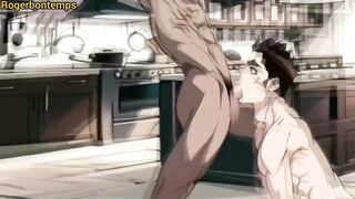 Big black cock wrecks twink in messy kitchen anal creampie cartoon hentai