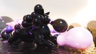 Furry latex balloon inflation destroys tight hole raw cumshot
