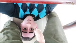 Step son feeds hungry step dad breakfast under table while moms downstairs