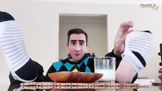 Step son feeds hungry step dad breakfast under table while moms downstairs