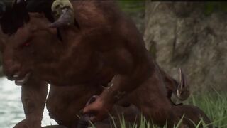 Minotaur monsters double fuck guy in the woods raw spitroast
