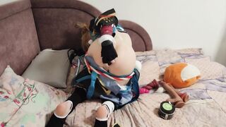 Femboy cosplays Gorou and fucks himself raw with a dildo