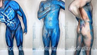 Body paint washed away by XXXL cock muscles slathered in gay sex