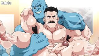Omniman Teamed up with a muscle daddy for a gay hentai threesome