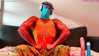Athletic twink chokes on his own fleshlight while playing with a massive BBC dildo