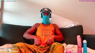 Athletic twink chokes on his own fleshlight while playing with a massive BBC dildo