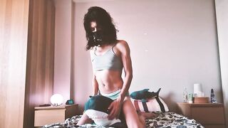 Femboy slut cums on stuffed shark while edge edging to gay handjob