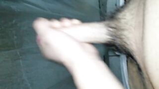 Asian milf trannie gets destroyed by her own big cock in steamy bathroom cumshot solo