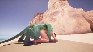 Furry dragon wrecks twink’s ass with double cock on wild beach