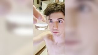 Twink chokes on his own cum while swallowing every drop raw