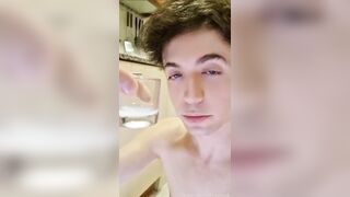 Twink chokes on his own cum while swallowing every drop raw