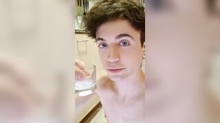 Twink chokes on his own cum while swallowing every drop raw