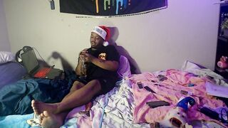 Depressed gamer smokes alone on his birthday choked by thick gay feet