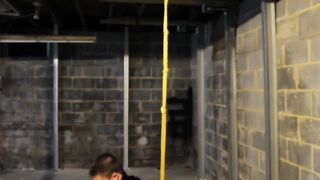 Dungeon Suspension Bondage Pet Play with Electro Stimulation in a Gay Latex Suit