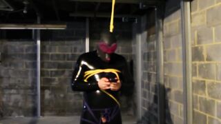 Dungeon Suspension Bondage Pet Play with Electro Stimulation in a Gay Latex Suit