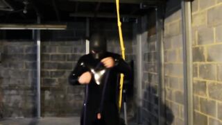 Dungeon Suspension Bondage Pet Play with Electro Stimulation in a Gay Latex Suit