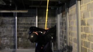 Dungeon Suspension Bondage Pet Play with Electro Stimulation in a Gay Latex Suit