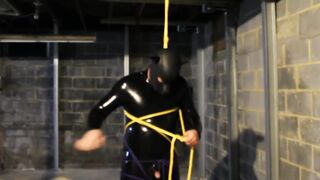 Dungeon Suspension Bondage Pet Play with Electro Stimulation in a Gay Latex Suit