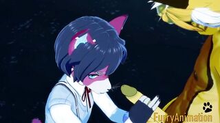 Furry yaoi cat handjob gets thick cumshot in his face