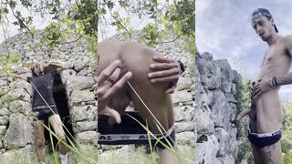 Naked twink boy fingered in countryside gushes thick cum
