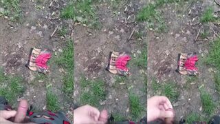 Gay cumshot destroys soaked underwear in the woods public piss and cum