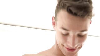Stunning twink gets drenched in shower ruined by massive leaking cock