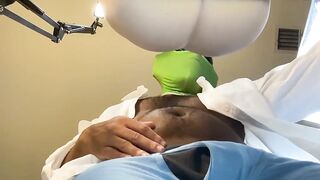 Alien businessman destroys sex doll while moaning with cumshot and full business suit