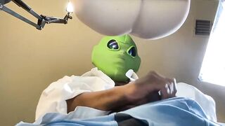 Alien businessman destroys sex doll while moaning with cumshot and full business suit