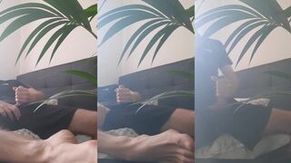 Gym cut twink jerks off on Nike gear tears hairy thighs drizzling thick cum