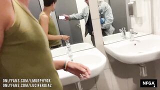 Hung stud destroys gaping ass in filthy public toilet while almost caught