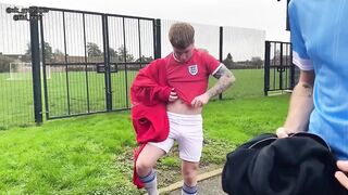 Two Sweaty Lads Jerk Off To The Match Big Dick Cumshots