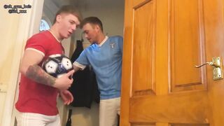 Two Sweaty Lads Jerk Off To The Match Big Dick Cumshots