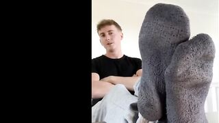 Thick Aussie socks trample hungry mouth verbal dom gets his feet worshipped