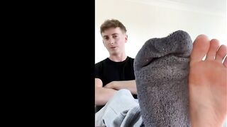 Thick Aussie socks trample hungry mouth verbal dom gets his feet worshipped