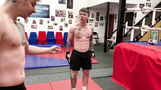 Two straight studs wrestle till cumshot drenches them both