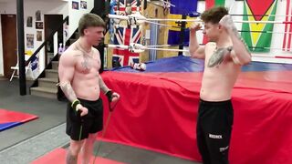 Two straight studs wrestle till cumshot drenches them both