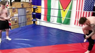 Two straight studs wrestle till cumshot drenches them both