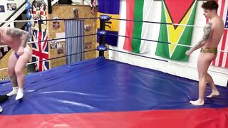Two straight studs wrestle till cumshot drenches them both