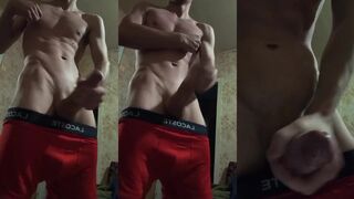Athletic straight guy jerks huge dick until thick cum blasts on camera