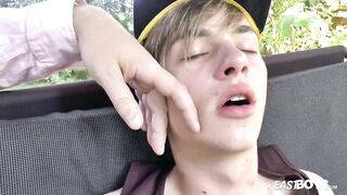 Gushing cumshot from teen hairy cock slim boy Jay Sheen outdoor