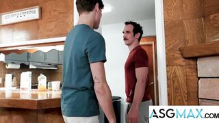 Greg McKeon gets broke in by his buddy's stepbrother's big hairy cock until he's gagging on every inch