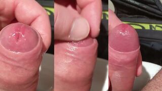 Gushing precum drips down my leaking cock while playing with it