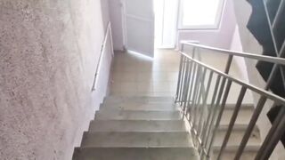 Daddy destroys twink on stairs neighbors see cum shoot