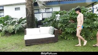 Twink's bareback poolside threesome ruined by hot young cum