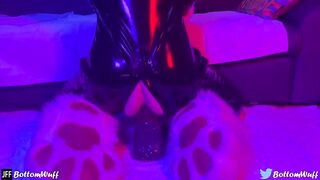 Femboy furry in XXXL latex gets destroyed by giant dildo