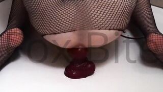 Twink Femboy destroys tight hole with monster bad dragon dildo double penetration knotted raw