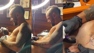 Tattoo artist defiles his massive cock into a dripping mess